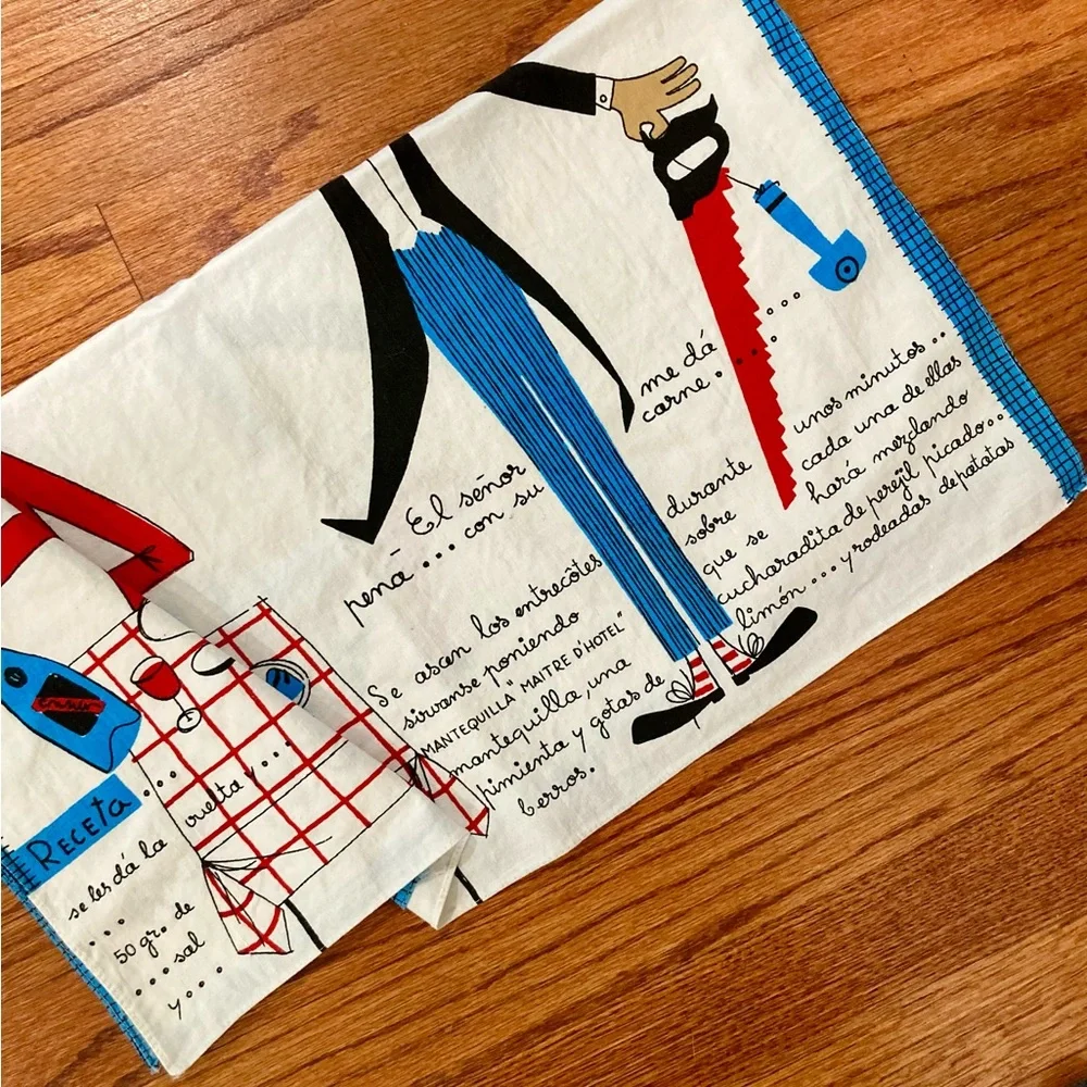 Vintage Tea Towel Spanish Recipe Ribeye Steak 1960s Made in Spain